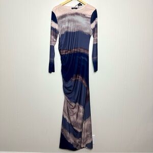 Ombre Long Sleeve Ruched Mesh Maxi Bodycon Gown Prom Gothic Dress Size L-XL